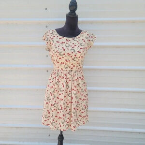 MOON Women Casual Short Sleeve Dresses Knee Length Dress Beige Red Cherry sz M